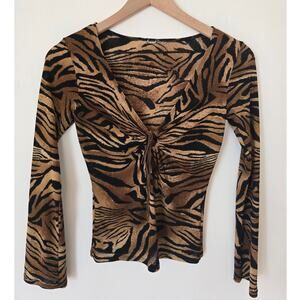 Vintage Y2K Tiger Print Mesh Long Sleeve Top Ruched Front Stretchy S